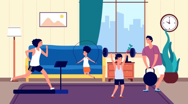 居家家庭锻炼：父母、子女在客厅进行体育训练矢量插画图片下载