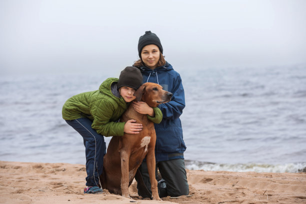 母亲和孩子在遛狗罗得西亚脊背图片下载