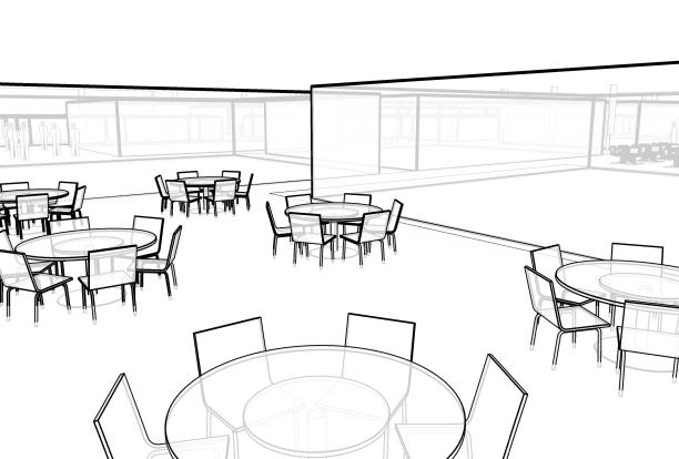 一个集合区域的抽象3d插图，有6个人的大圆桌。在一个空的空间里，桌子之间的社交距离。图片下载