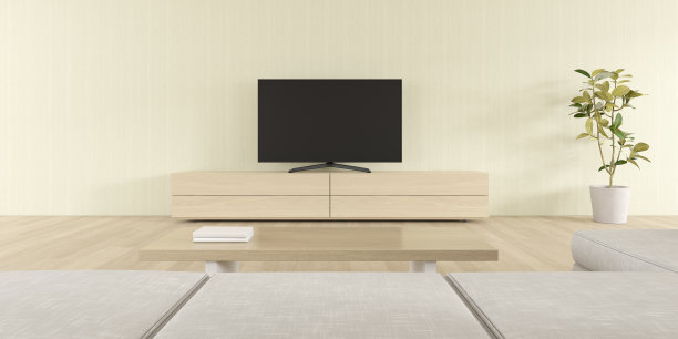 现代客厅的3D效果图，墙上有沙发和电视屏幕。图片下载