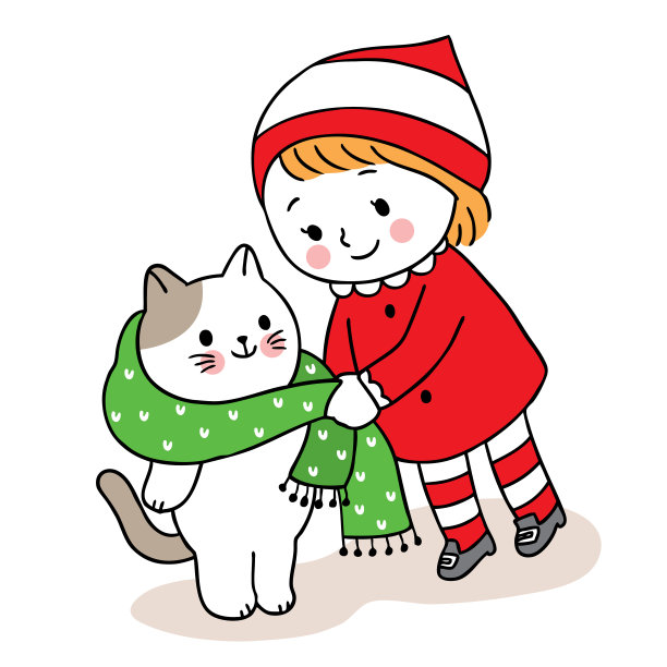 手绘卡通可爱圣诞快乐，女孩分享绿色围巾为猫矢量。图片下载