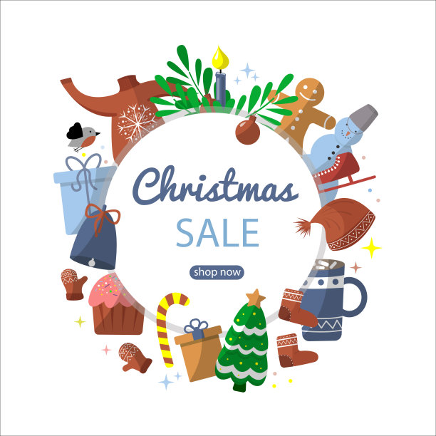 圣诞节销售旗帜。冬季卡通标志，圣诞节装饰。毛衣，手套，可可，树，蜡烛，姜男。寒假涂鸦收藏图片下载