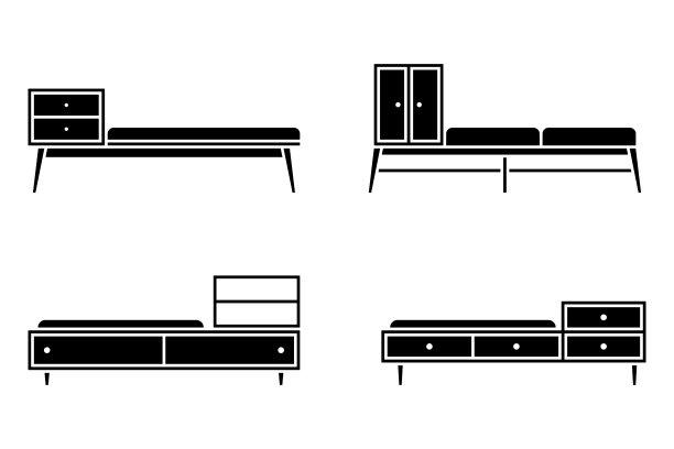 公寓走廊橱柜，橱柜，储物柜，橱柜，衣柜，储藏室，货架，板凳矢量插图图标集。门厅入口处的座位，鞋子的地方在白色上剪出扁平风格的轮廓象形图图片下载