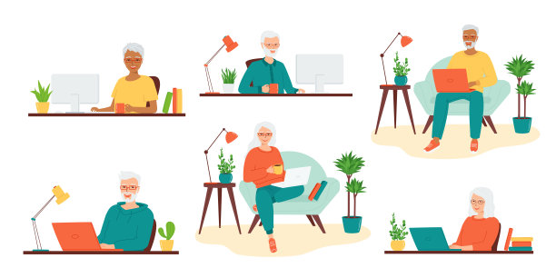 设置老年人白发男男女女坐在笔记本电脑，电脑。老年人、退休人员使用现代科技的概念。在家远程工作，再培训，电子学习。矢量图图片下载