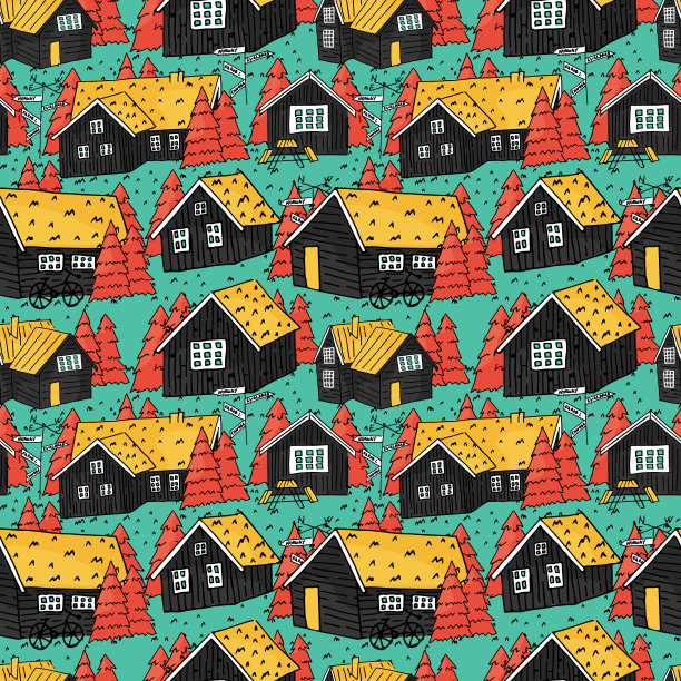 加拿大和斯堪的纳维亚的黑色木屋屋顶上有草，白色的窗户和粉色的圣诞树，无缝重复的图案图片下载