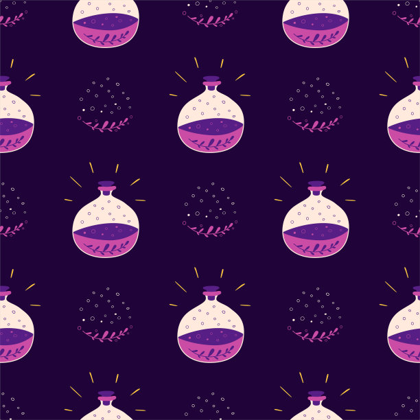 精灵瓶无缝图案魔术紫罗兰卡通药水瓶可爱的万圣节黑暗背景。图片下载