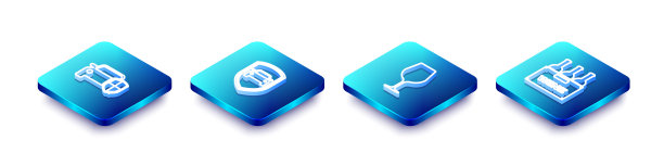 设置等距线汽车保护或保险，酒杯和酒瓶酒瓶盒图标。向量图片下载