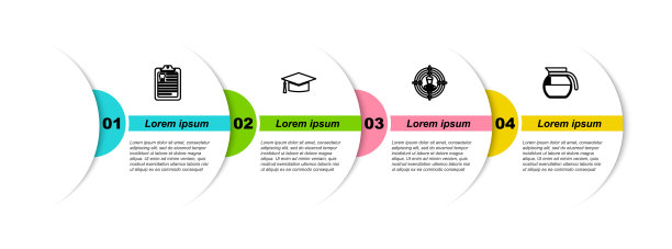 设置线剪贴板与牙科卡，毕业帽，头部狩猎和咖啡壶。商业信息图模板。向量图片下载