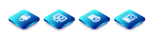 设置等距线软盘备份，死机监视器，秒表和硬盘驱动器HDD图标。向量图片下载