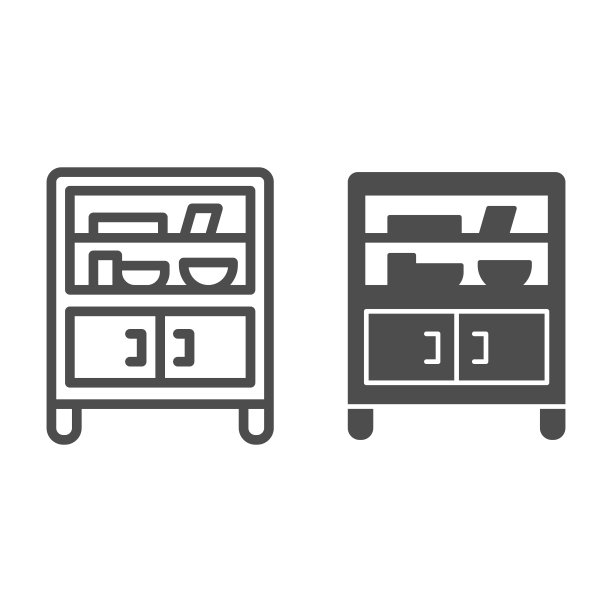 橱柜与玻璃和货架线和固体图标，家具概念，自助餐标志在白色背景，橱柜与厨房用具图标轮廓风格的移动和网页设计。矢量图形。图片下载