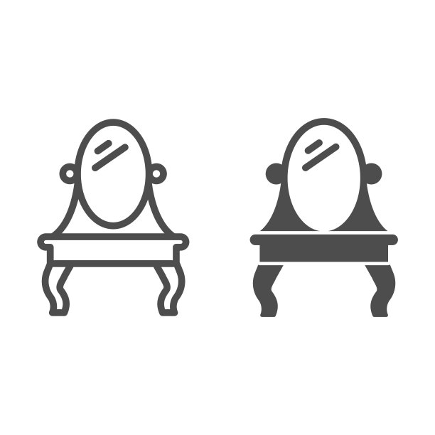 桌子与椭圆形的镜子线和固体图标，家具概念，梳妆台标志在白色的背景，梳妆台与椭圆形的镜子图标在轮廓风格的移动概念，网页设计。矢量图形。图片下载