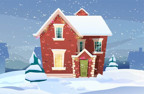 维多利亚复古风格的建筑与冷杉树在院子里，灯光从窗户，灯笼为圣诞节。庆祝圣诞节的装饰。图片下载