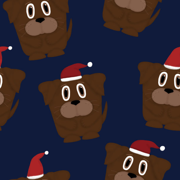 无缝图案的狗与圣诞老人的帽子在一个蓝色的背景图片下载