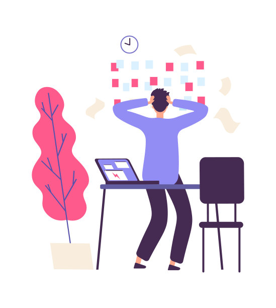 期限和经理。无组织的工作过程。在办公室工作的扁平风格的人有很多任务。业务计划失败，打乱了盖伊向量插图图片下载