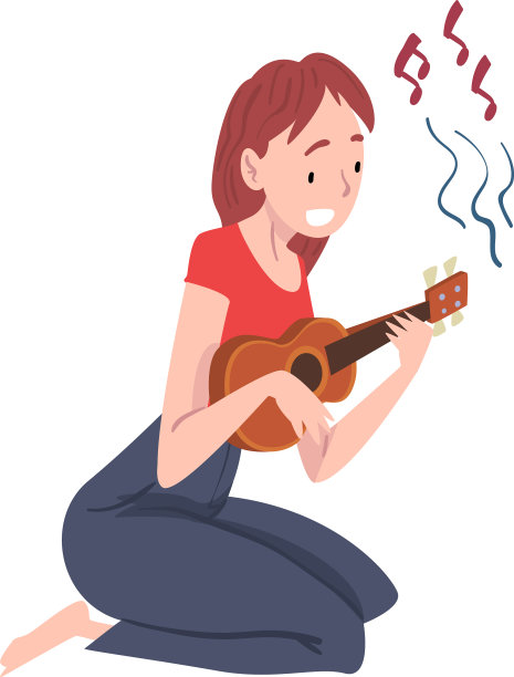 微笑的年轻女子坐在琴上弹尤克里里图片下载