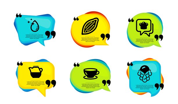 烹饪帽，可可坚果和浓缩图标设置。水滴，牛奶壶和冰淇淋的标志。向量图片下载