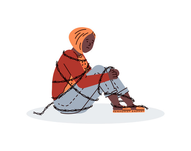 孤独悲伤的少女正坐在被铁丝网缠绕的矢量插图上图片下载