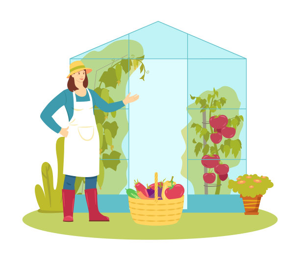 在温室里种植蔬菜。温室经济。种植蔬菜和水果。矢量平面趋势插图上的白色背景。图片下载