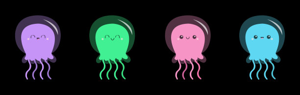 水母脸图标集线。可爱卡通卡哇伊有趣的宝宝角色。粉红色，绿色，蓝色，紫色。海洋动物。儿童t恤，笔记本封面印刷。黑色背景。平面设计。图片下载