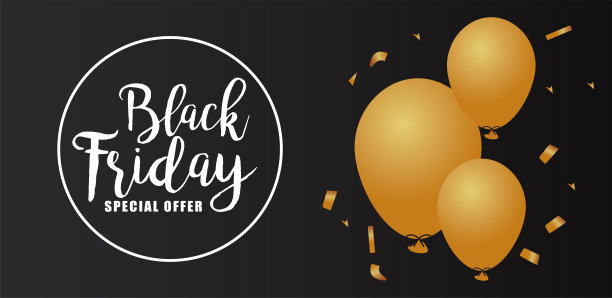 黑色星期五的促销标语在圆形框架上，还有金色的气球和氦气素材图片