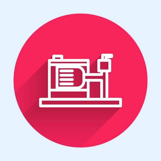 白线电动水泵图标孤立长阴影。红色圆圈按钮。矢量图图片下载