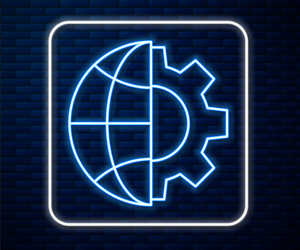 发光的霓虹灯线地球和齿轮或齿轮图标孤立在砖墙的背景。设置参数。全球的选择。矢量图图片下载