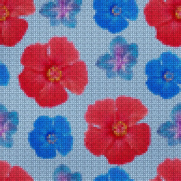 插图。十字绣。木槿,剑兰花。纹理的鲜花。连续复制的无缝模式。花的背景,拼贴。图片下载