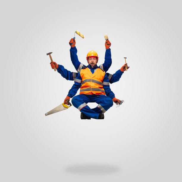 英俊的承包商，多臂建造者悬浮孤立在灰色工作室背景图片下载