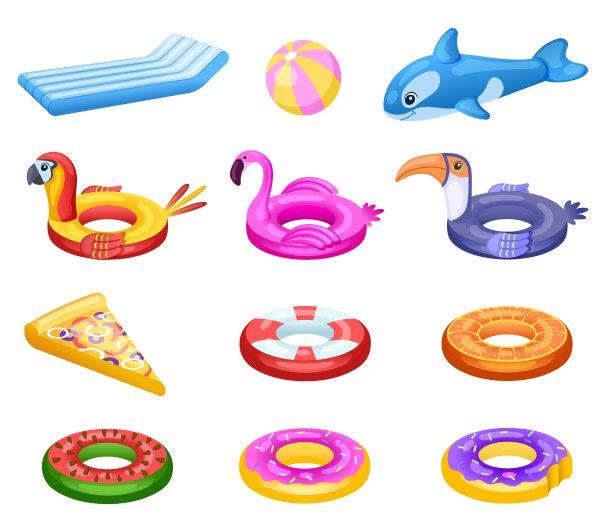 充气浮。可爱的海水床垫，夏日泳池派对配件。儿童橡皮圈，游泳浮圈，甜甜圈火烈鸟披萨向量集图片下载