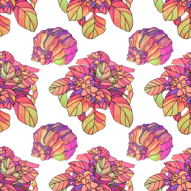 无缝图案紫罗兰抽象花在壶和海贝上白色。室内种植室内植物。艺术创作手绘背景图片下载