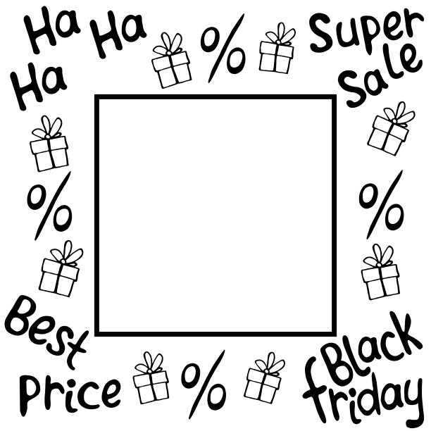 向量框架上的黑色星期五的主题，购物，折扣和销售。边框由手绘礼品，百分比，题词涂鸦风格图片下载