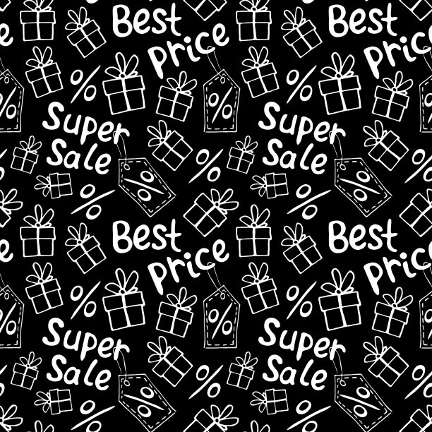 矢量无缝模式与铭文和符号销售。手绘黑色星期五主题的背景和纹理，最好的价格，折扣，购物和特别优惠图片下载