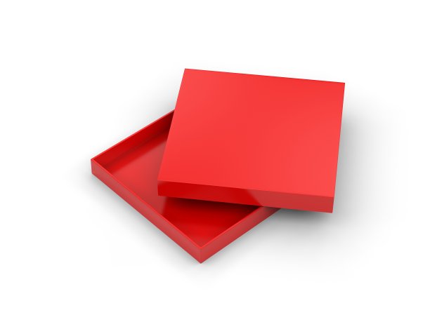 薄方形包装盒模型，红色纸板包装盒模型模板上孤立的白色背景。三维演示图片下载