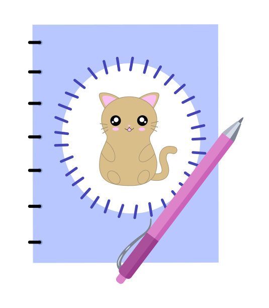 蓝色的笔记本，一只猫和一支笔。笔记本与钢笔隔离在白色背景。股票矢量图图片下载