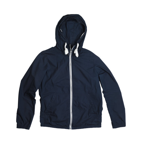 夹克孤立在白色背景。男子蓝色夹克在一个兜帽孤立的白色背景。风衣夹克。休闲风格。图片下载