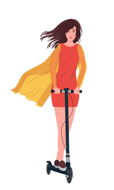 穿着红色连衣裙的女孩骑着电动踏板车图片下载