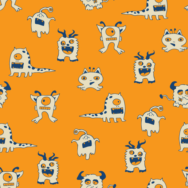 无缝矢量模式与黄色背景上的白色怪物。简单的卡通壁纸设计。为孩子们设计的疯狂时尚纺织品。图片下载