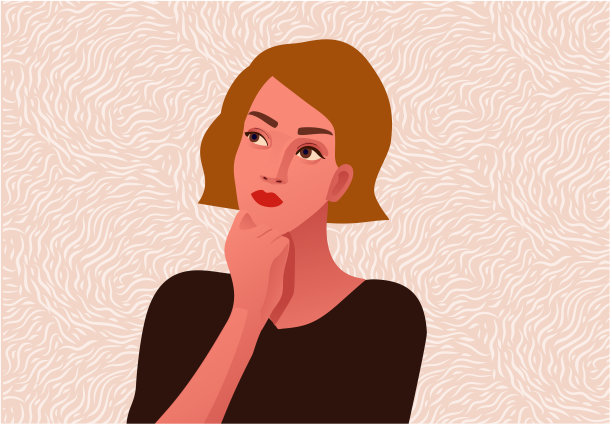 思维的女孩。漂亮的脸蛋，带着问号图片下载