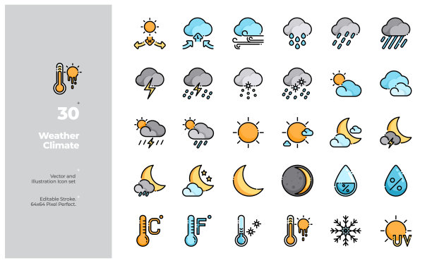 天气和气候的向量颜色线图标集。可编辑的中风。图片下载
