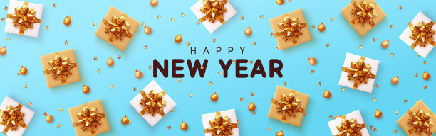 新年礼物平顶观。圣诞蓝色横横幅，标题为网站。圣诞背景，设计与现实的礼盒，黄金金属体积星和小装饰品，金球。图片下载