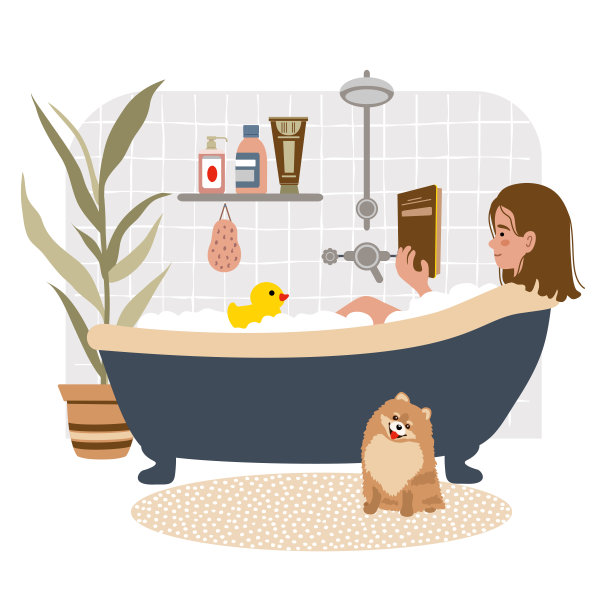年轻的女孩在浴室里放松和看书。日常生活，每天例行公事。女孩在舒适的浴室里有盆栽和狗。卡通矢量插图在平面风格。图片下载