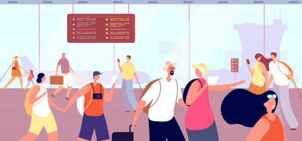 机场候机楼里的人们。男人女人和手提箱。女性在候机室，平旅客和旅游团乘客矢量说明图片下载