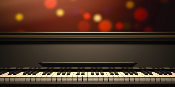 钢琴键盘，前视图，散景背景。三维演示图片下载