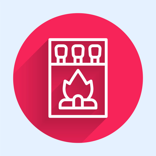 打开火柴盒和火柴图标隔离与长阴影。红色圆圈按钮。向量图片下载