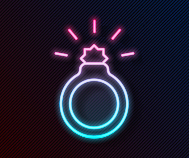 发光的霓虹线钻石订婚戒指图标孤立在黑色背景。向量图片下载