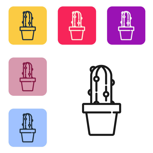黑线仙人掌仙人掌仙人掌在锅图标孤立在白色背景。盆栽植物。盆栽植物标志。设置图标的颜色方形按钮。向量图片下载