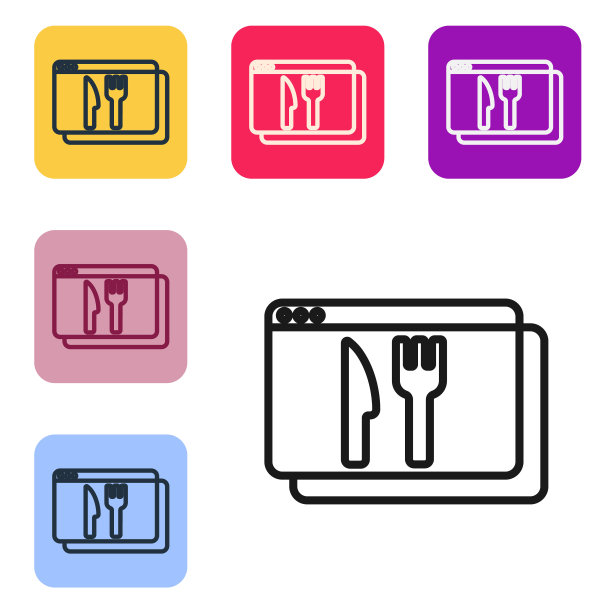 白色背景上孤立的在线订餐和快餐外卖图标。设置图标的颜色方形按钮。向量图片下载