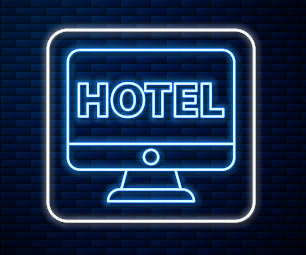 在线酒店预订图标孤立在砖墙的背景上。电脑显示器在线预订设计理念。矢量图图片下载