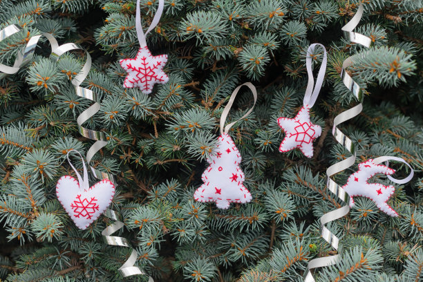 装饰物有白色的星星、心形、圣诞树、鹿形吃的天然松树。创意圣诞概念，手工制作，手工缝制。图片下载