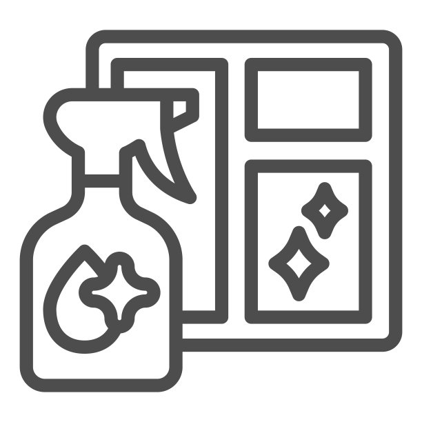 窗口和清洁喷淋线图标，清洁服务概念，喷瓶为玻璃标志上的白色背景，清洁剂为窗口图标在轮廓风格的移动，网页。矢量图形。图片下载